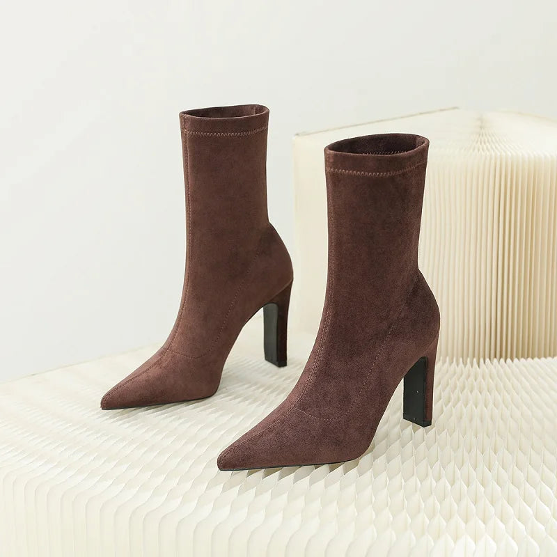Eilyken Winter Ankle Boots for Women – Pointed Toe, Square Heel, Slip-On Flock Boots