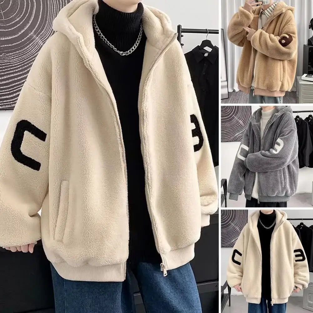 Winter Men's Jacket Thickened Plush Hooded Solid Color Letter Decorated Zipper Loose Long Sleeve Casual Men's Jacket