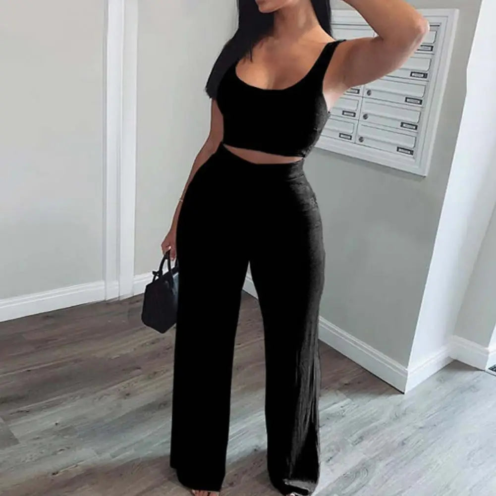 Women Tracksuit Slim Sexy Sling Navel Exposed Tube Top Flared Legs Pants Set Solid Colour Sleeveless Tops and Pants