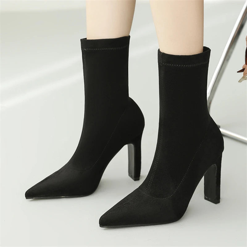 Eilyken Winter Ankle Boots for Women – Pointed Toe, Square Heel, Slip-On Flock Boots