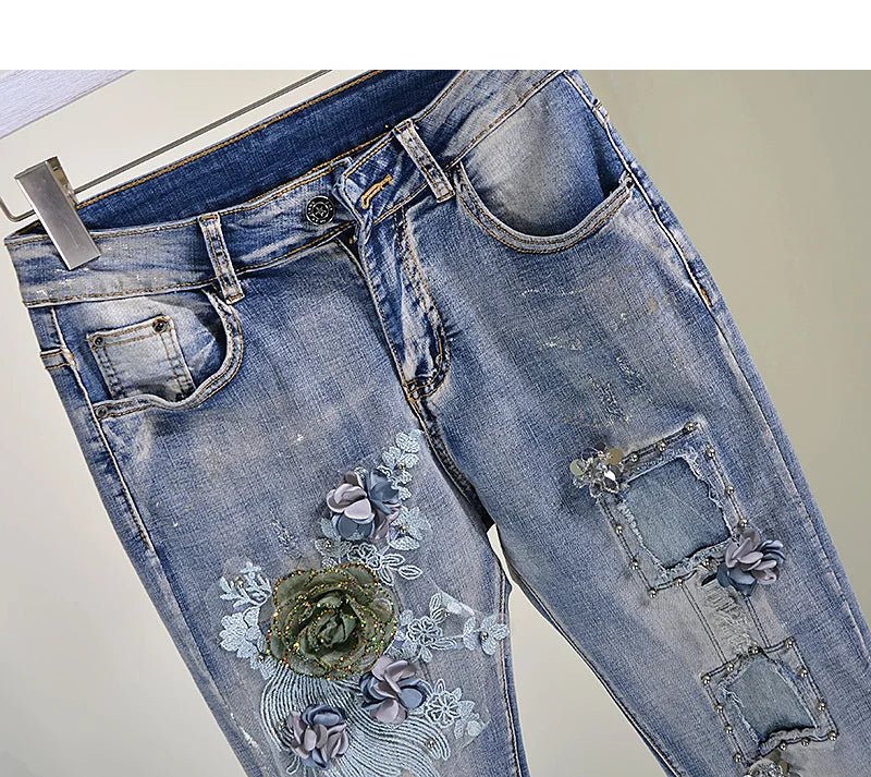 Two Piece Set Spring and Autumn Beads Sequin with Holes Jeans + Tops  Women's Jeans jacket