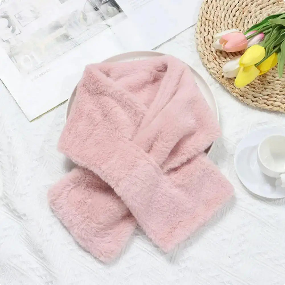 Women Winter Faux Rabbit Fur Cross Collar Solid Colour Thickened Neck Warmer Scarf