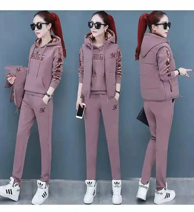 2024 Winter New Stripe Splice Long Sleeve Hooded Vest Casual Pants Three Piece Elegant Women's Running Sport Set