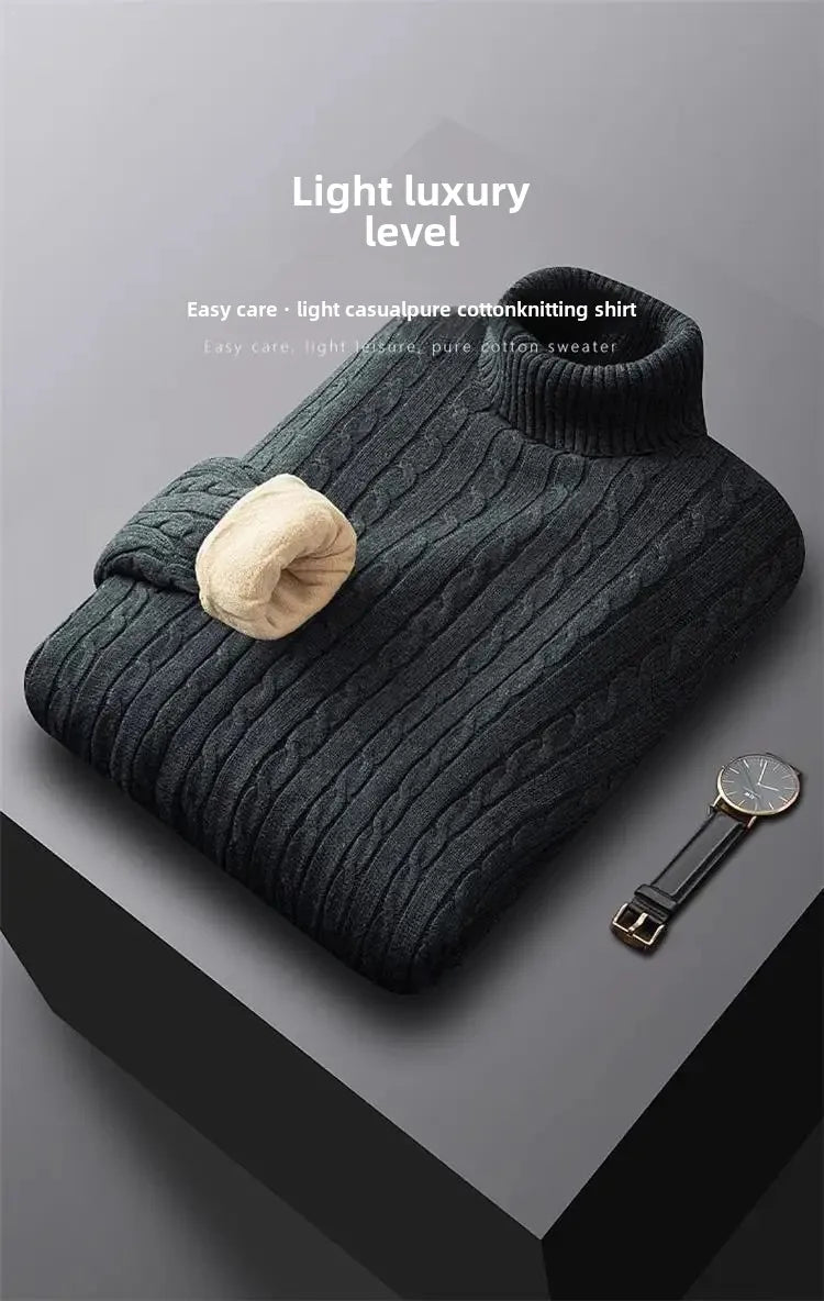 Men's Polo Turtle Neck Sweater Thick Cotton Knitted Top Fleece-Lined And Thickened Warm Bras Soft Winter Jumper