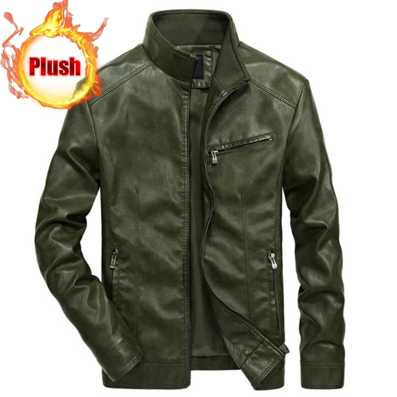 Men Autumn Winter Leather Jacket Coat Men's Retro Stand Collar Motorcycle Warm Fleece PU Leather Jacket