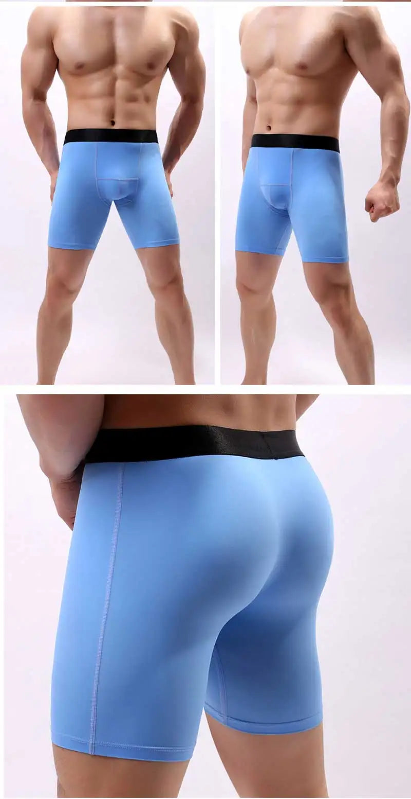 Ice Silk Lengthen Men Boxers Mid Waist Solid Underwear.