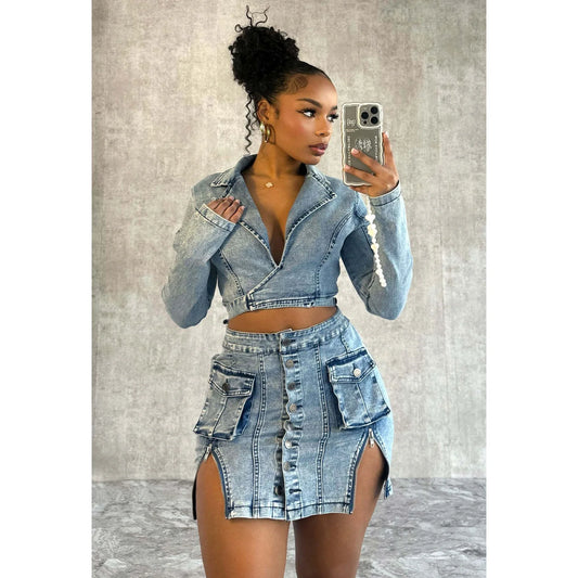 Sexy Denim Jean 2 Piece Skirt Sets Winter Outfits women's  Jackets and skirts