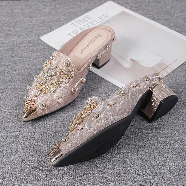 Mules Shoes Women Sandals Ladies Elegant Rhinestone Designer Mirror Luxury Party Slipper Summer New 2024 Slippers Fashion Roman