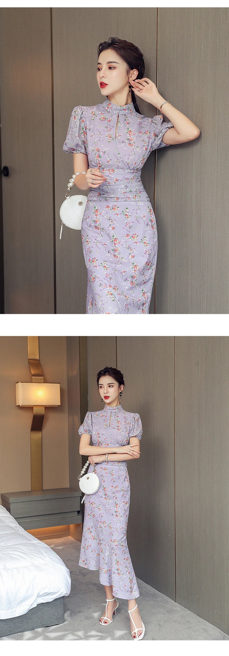 MingJieBiHuo Women's Sweet Asymmetrical Print Dress with Puff Sleeves – Summer Collection