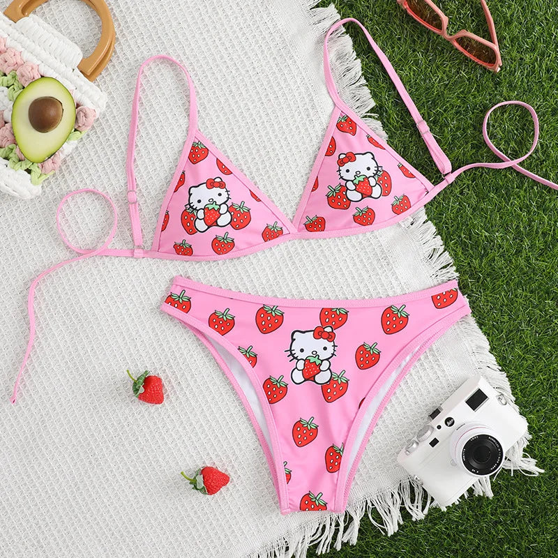 Anime Hello Kitty 2Pcs Underwear for Girls Cartoon Bikini Swimsuit with Breast Pads Fashion Ladies Bra Briefs