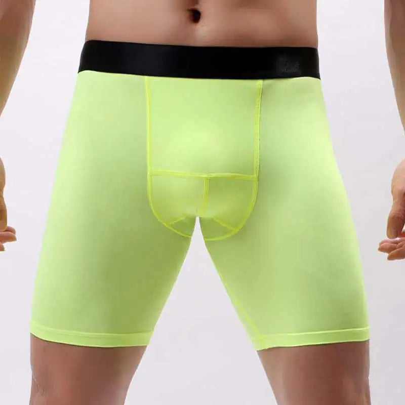 Ice Silk Lengthen Men Boxers Mid Waist Solid Underwear.