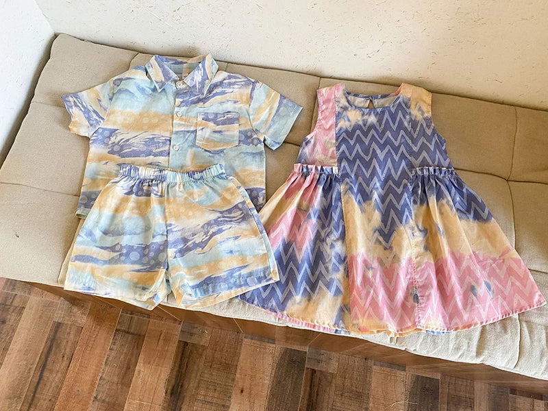 MILANCEL Unisex Summer Patchwork Clothing Set for Kids (Ages 4–6Y) – Cotton Shirt and Shorts Vacation Outfit