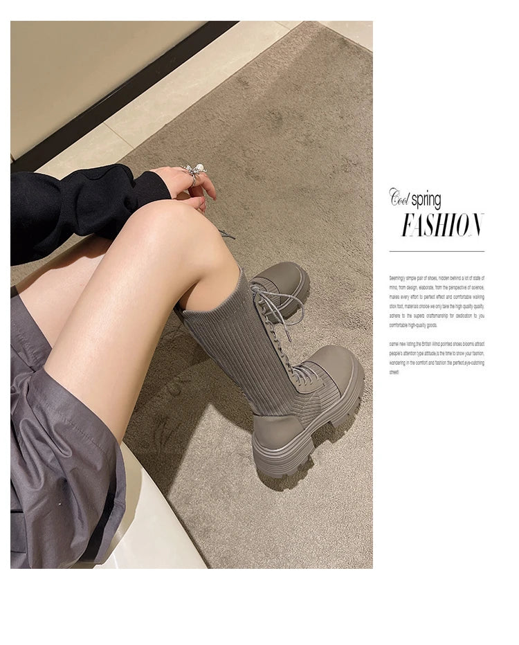 Chunky Platform Knitted Long 2022 Autumn Thick Bottom Warm Women Boots.