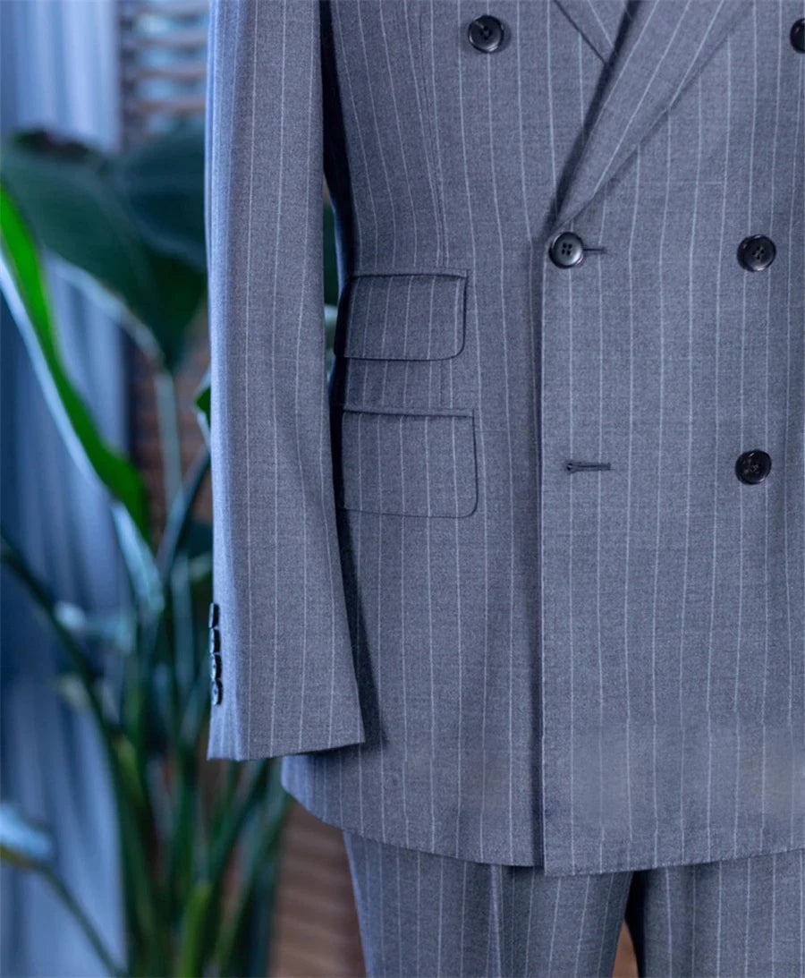 NoEnName_Null Men's Smart Casual Double-Breasted Suit – Cotton &amp; Polyester Blend for All Seasons