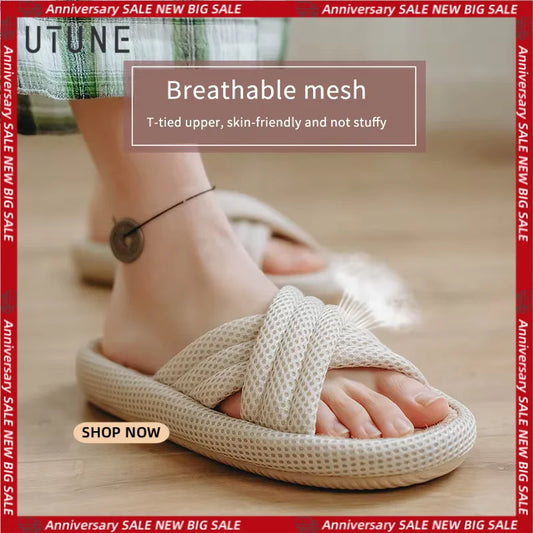 Utune Women's Cross-Tied Hemp Slippers - Comfortable Indoor Flat Slippers for Summer & Autumn