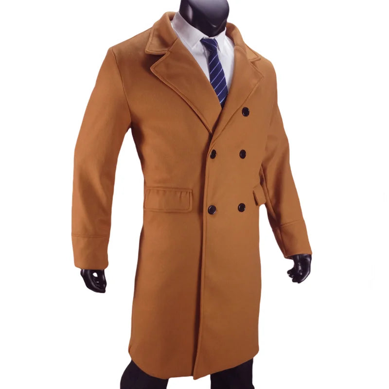 Men Long Double-breasted Coat with Lining Warm Type Wool Blend Lapel Casual Eu Size Customized overcoat