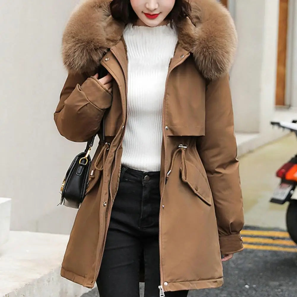 Women Coat Hooded Winter Jacket with Faux Fur Collar Warm Fashion Jacket Zipper Closure Coat for Autumn Winter