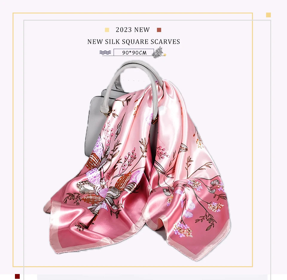 Pink New Elegant Floral Square Silk Satin Scarves