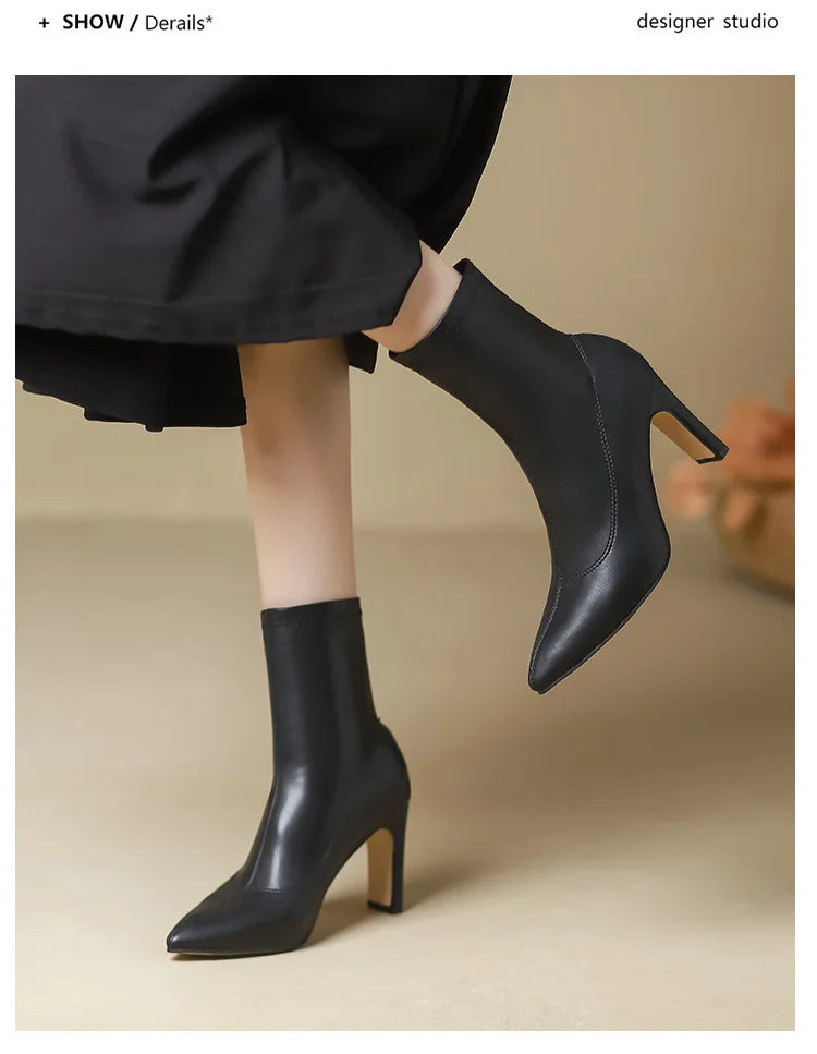 Autumn Winter Women Ankle Boots 6CM 8CM Toe Sock Boots Elegant Lady Black Thick Heels Female Short Booties