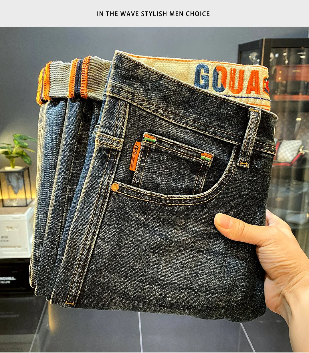 High end luxury casual jeans for men autumn winter fashion straight tube slim fit light business casual denim long pants