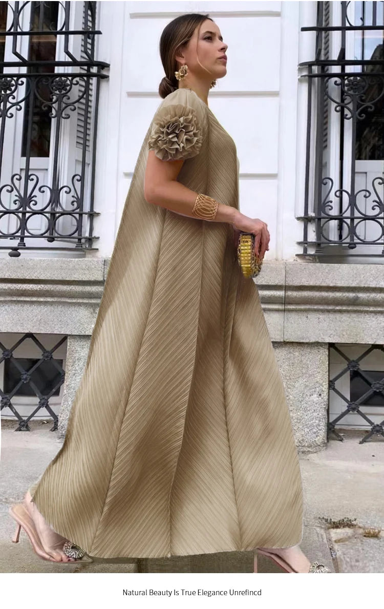 NoEnName_Null Women’s Asymmetrical Neckline A-Line Pleated Long Skirt Dress – Casual Retro Style, Mid-Calf Length