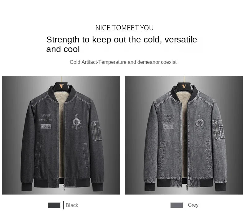 Retro Men's Cargo Denim Jacket Autumn Winter Plus Velvet Warm Fashion Casual Male Coat