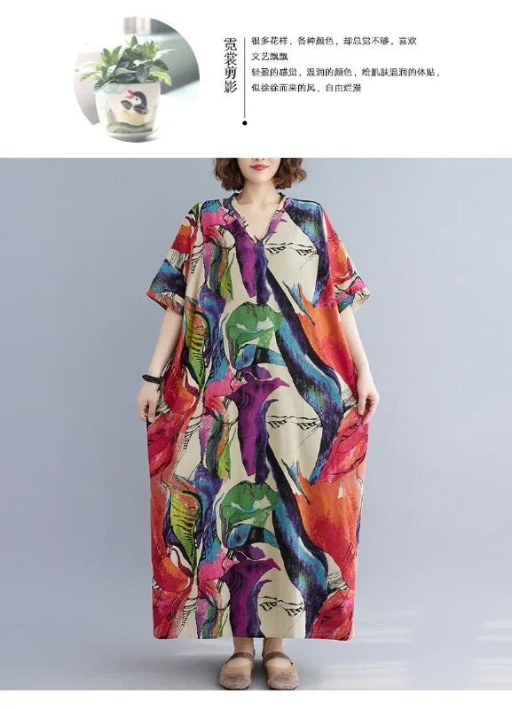 Boho Floral Cotton-Linen Summer Dress for Women – Ankle-Length, Loose Fit, O-Neck