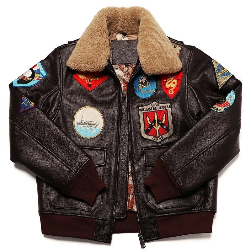 NoEnName_Null Men’s Military Style Cow Leather Jacket – Winter Outerwear with Zippers and Turn-Down Collar