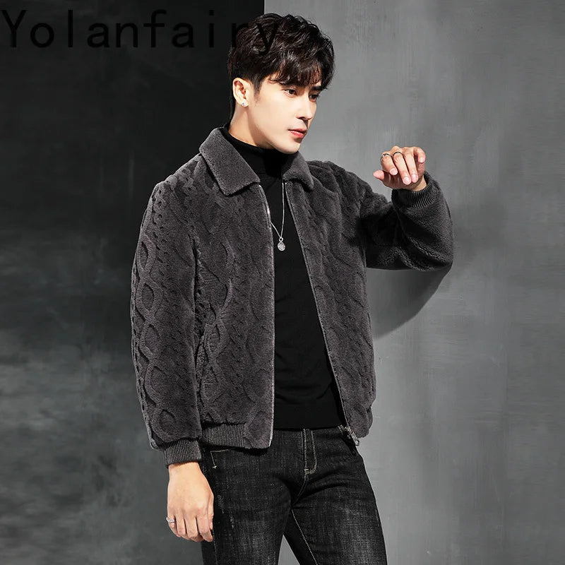 YOLANFAIRY 100% Wool Real Fur Coat Winter Shearling Jackets for Men Cropped Leather Jacket