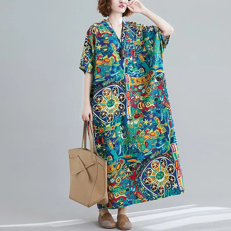 Boho Floral Cotton-Linen Summer Dress for Women – Ankle-Length, Loose Fit, O-Neck