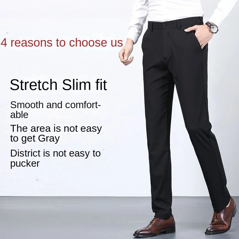 Men's Summer Casual Elastic Non-ironing Trousers coloured in Black Slim-fit Straight Business Formal Trousers