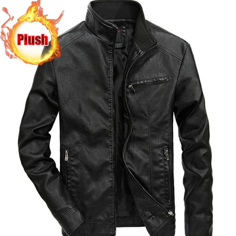 Men Autumn Winter Leather Jacket Coat Men's Retro Stand Collar Motorcycle Warm Fleece PU Leather Jacket