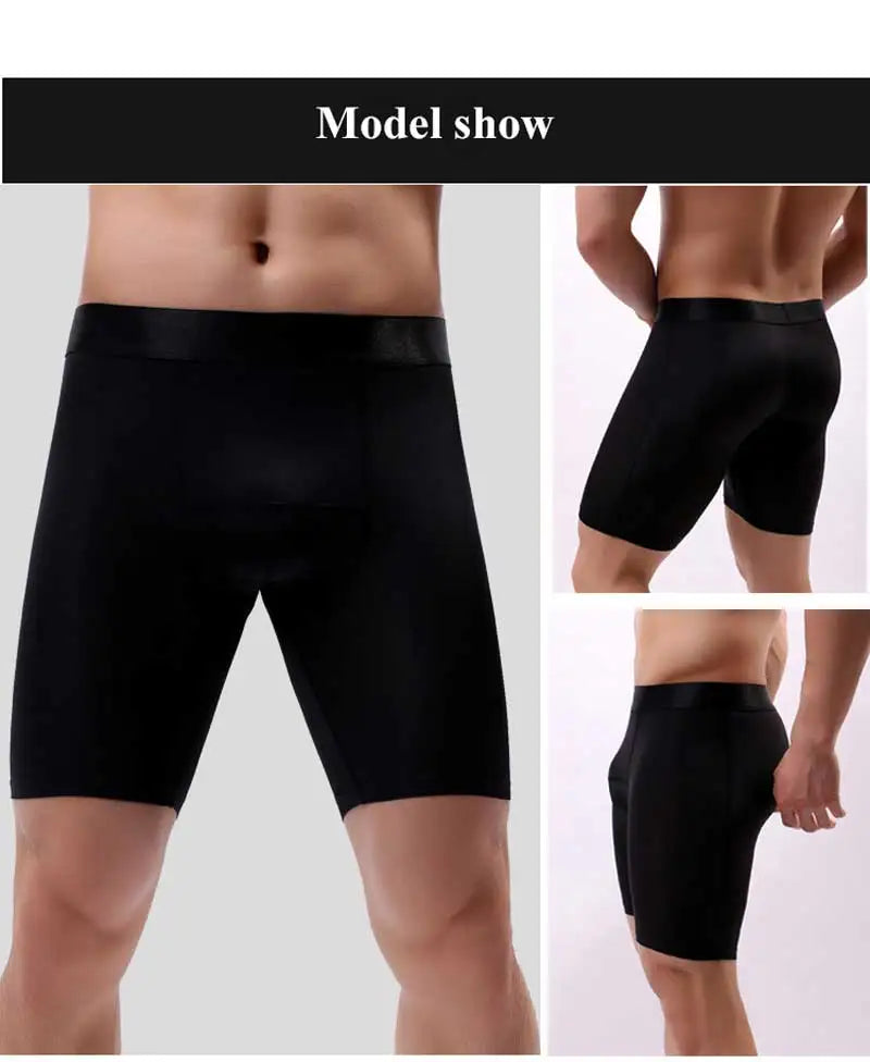 Ice Silk Lengthen Men Boxers Mid Waist Solid Underwear.