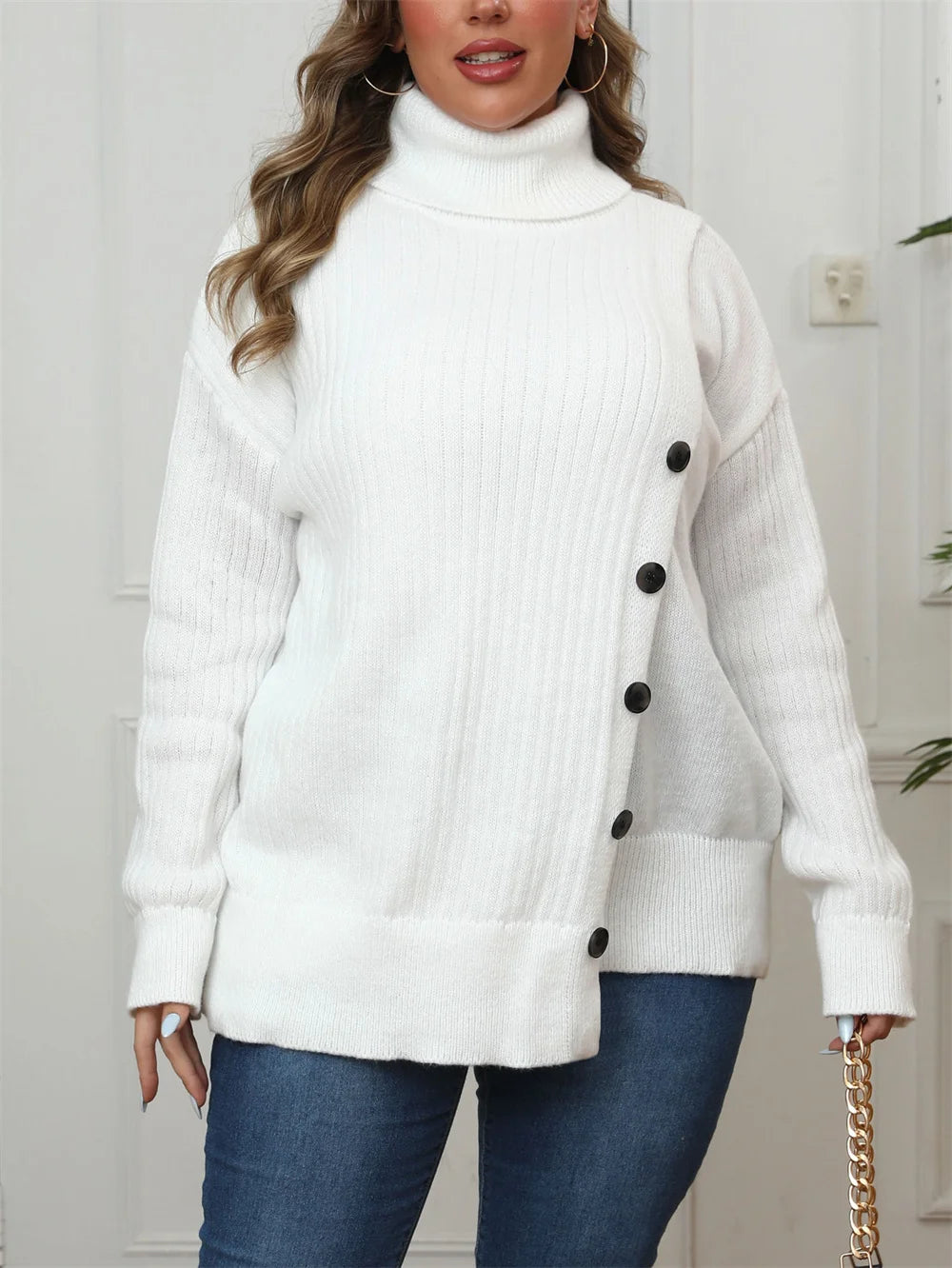 Plus Size Women's Turtleneck  Autumn Winter Drop Shoulder Button Casual Warm Pullover Female White Jumper