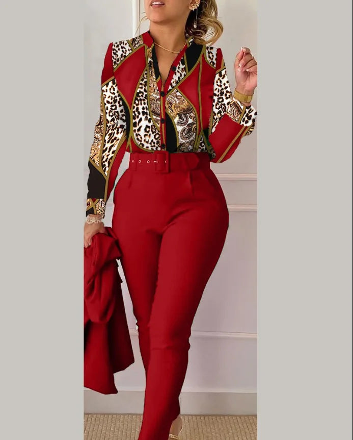 Fashion Printed Long Sleeved Women Suit Autumn and Winter Slim Fit Elegant Female Office 2 Piece Set