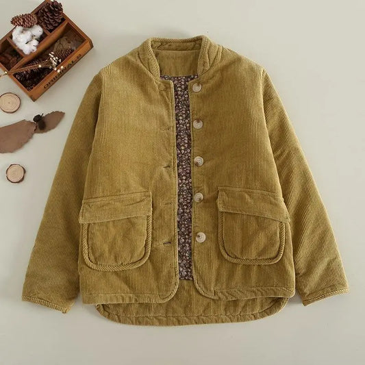 Corduroy Parka Women Autumn Winter Trend Short Warm Coats Cotton Clothes Stand Collar Vintage Single Breasted Jacket Womens Coat