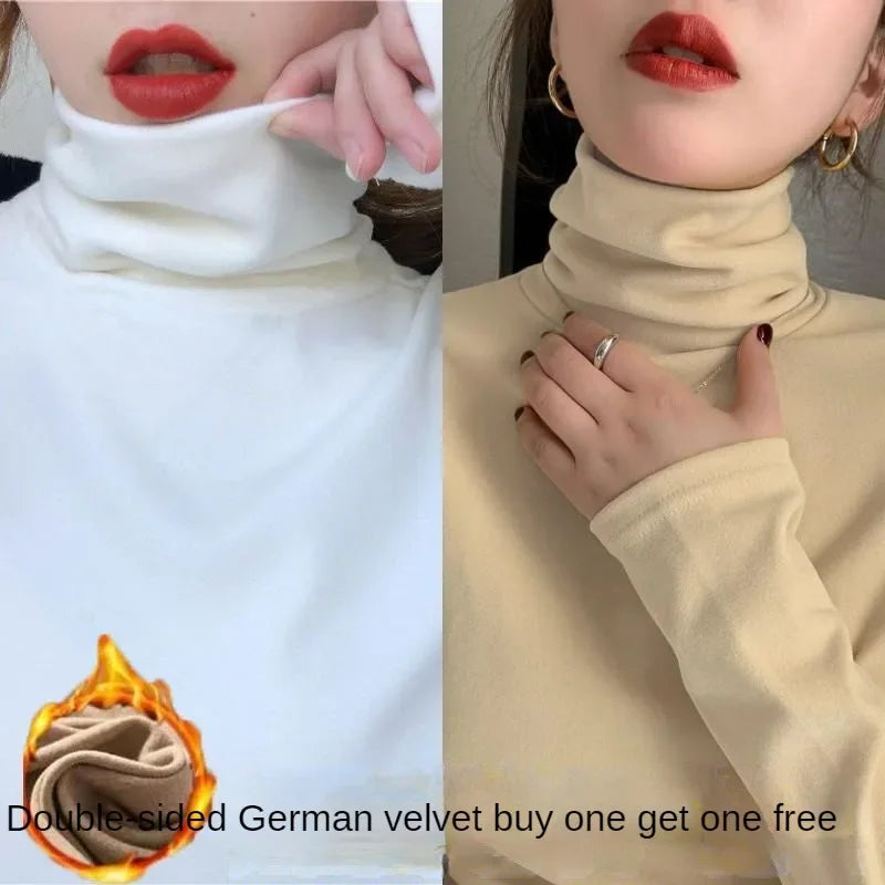 Fashion Fleece Casual Solid Plush Strecth T-Shirts Turtleneck Women High Collar Thick Autumn and Winter Basic Tops Undershirt