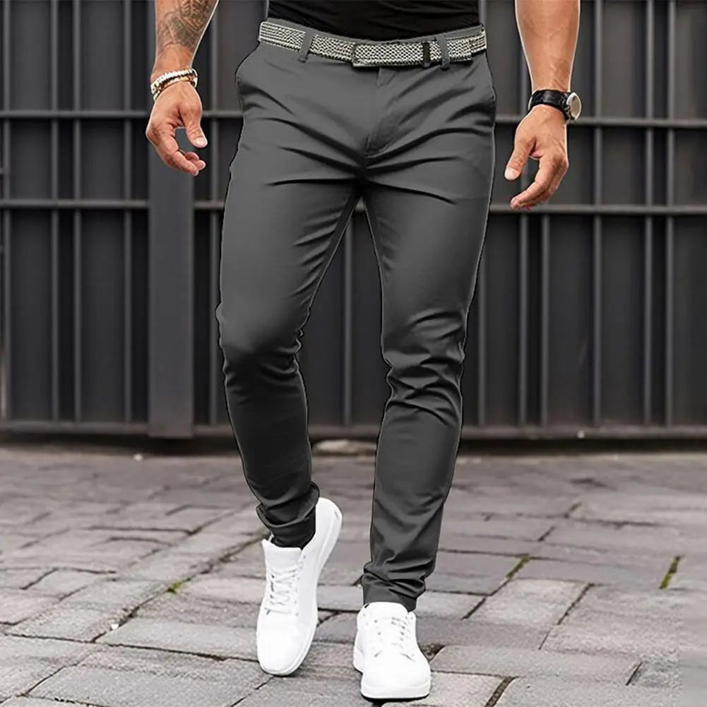 Slim Fit Pants Men's Solid Colour with Mid-rise Slant Pockets Zipper Fly  ideally for Business Office