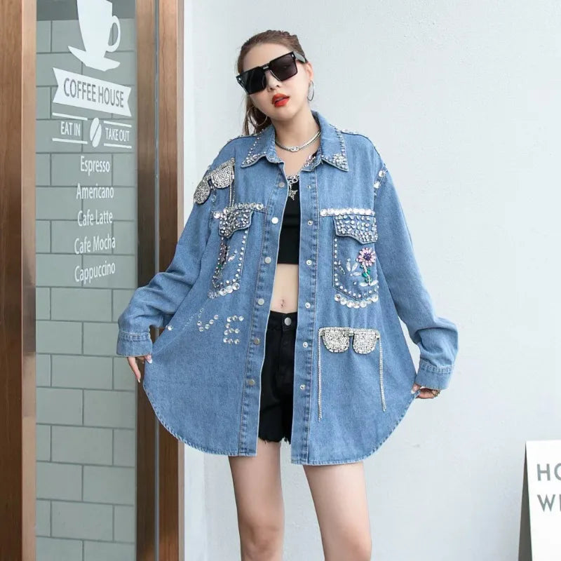 Luxury Women Diamonds Floral Beads Denim Shirts Glasses Fringed Rhinestones Rivets Jeans Bomber Jacket