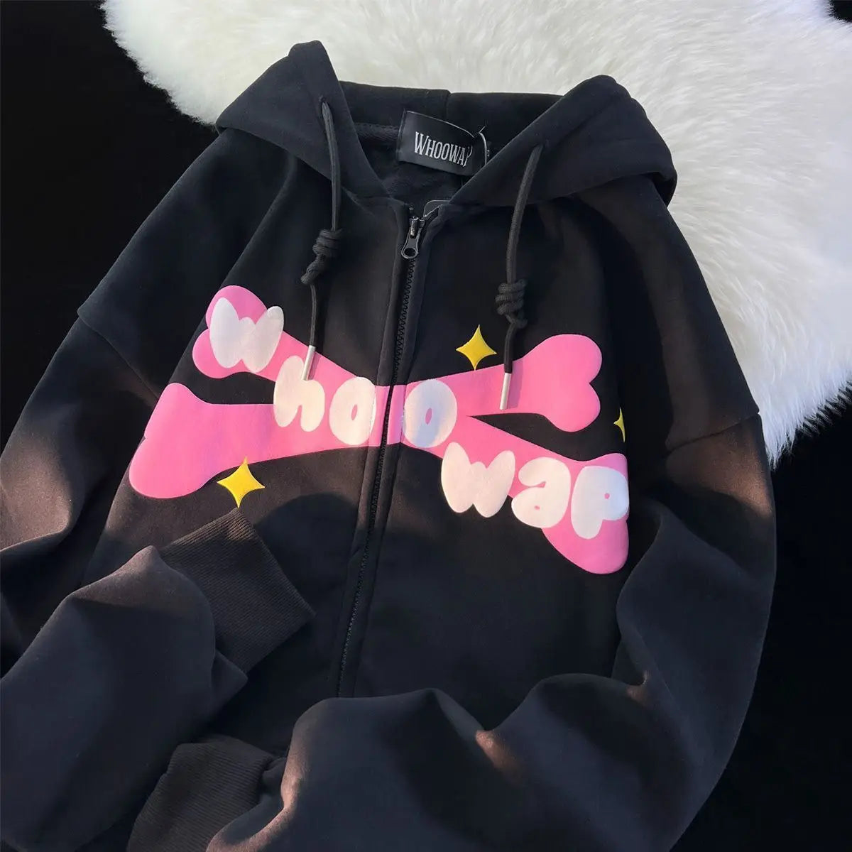 Women Japanese Sweet Streetwear Cartoon Loose Sweatshirt Couple Zip Up Hoodie Goth Y2k Clothes