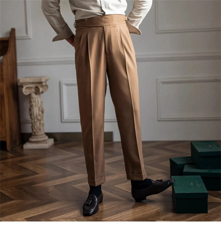 Men Solid Color Suit Trousers Spring Trendy Belt High Waist Pants Male Business Office Fashion Pleated Straight Pants Streetwear