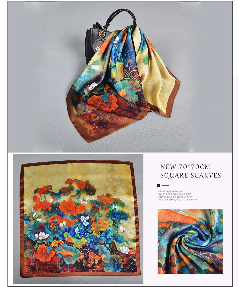 Silk Scarf Shawl Spring Fall Fashion Square Coffee Orange Scarves Foulard Winter Women Headscarves Accessories