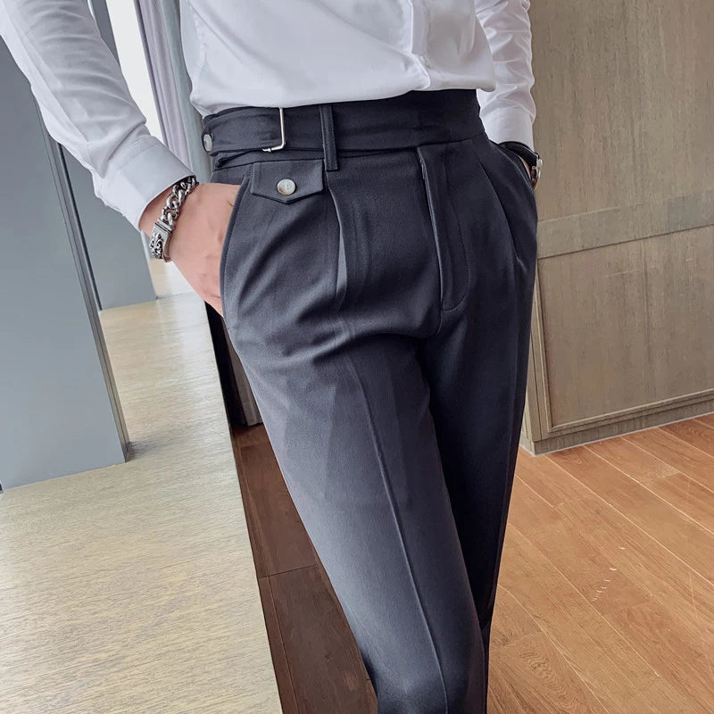 British Style New Solid High Waist Pant Men Business Formal Wear Trousers 2024 High Quality Slim Casual Office Suit