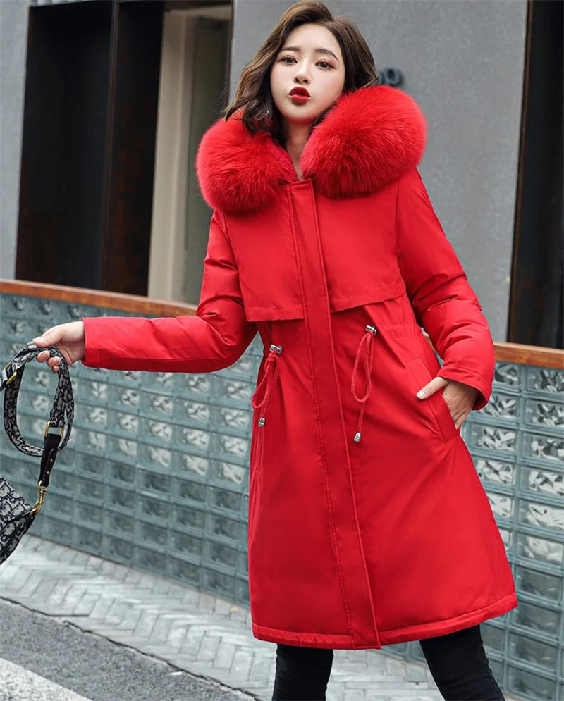 Winter Jacket 2023 New Women's Clothes Long Coat Wool Liner Hooded Jacket Fur Collar Thick Warm Snow Wear