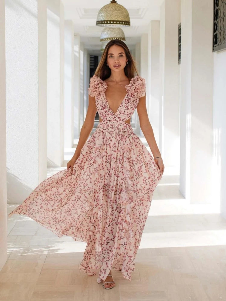 Sexy Pink Printed Deep V Neck Hollow Out Dress Women Sleeveless Ruffle Floral Split Long Dress Vacation Party Beach Vestido