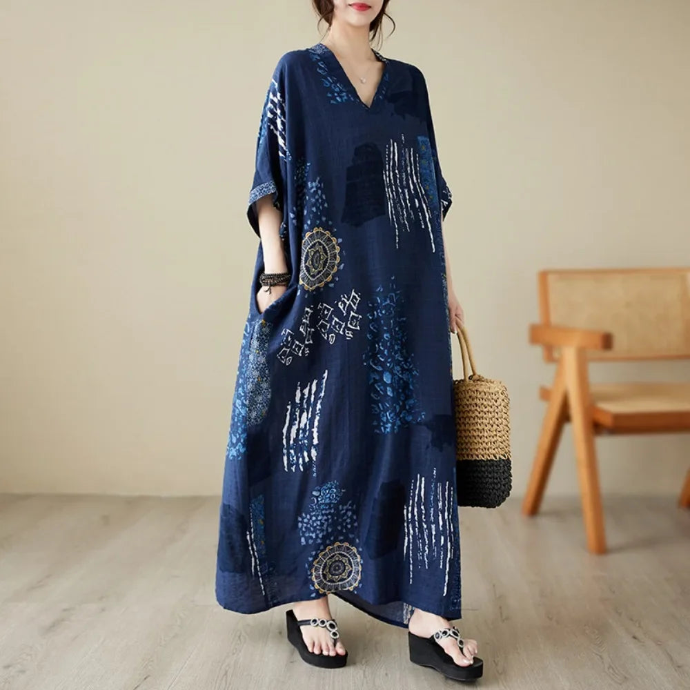 Boho Floral Cotton-Linen Summer Dress for Women – Ankle-Length, Loose Fit, O-Neck