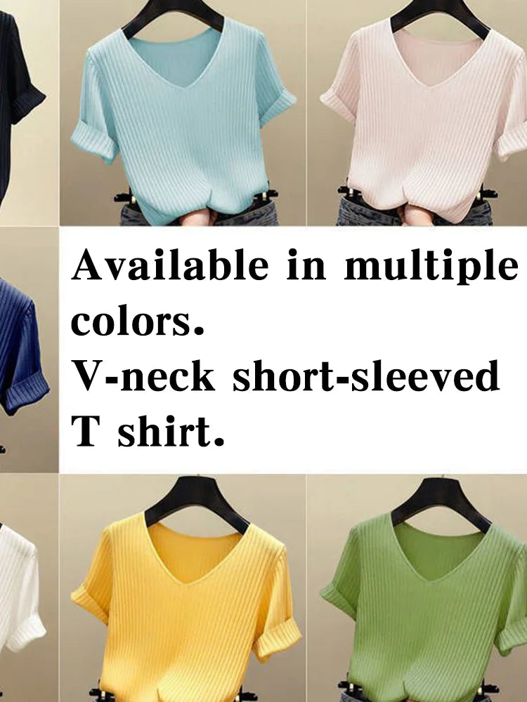 New V-neck short-sleeved T shirt Summer Thin Office Lady Cloth Short Sleeve slim Tops spring summer solid T-shirts