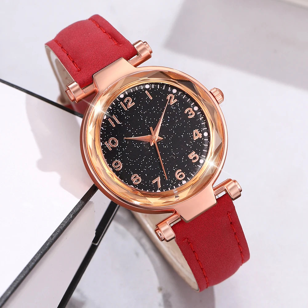 6PCS/Set Red Women's Watch With Minimalist Elements Dial Quartz Watch