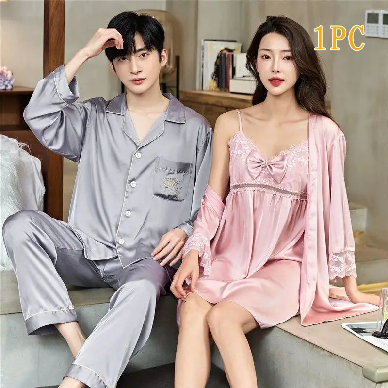 Men Women High Quality Satin Couple Pajamas Gown Set Sexy Hollowout Lace  Spaghetti Straps V-Neck Long Sleeves Pants Loungewear