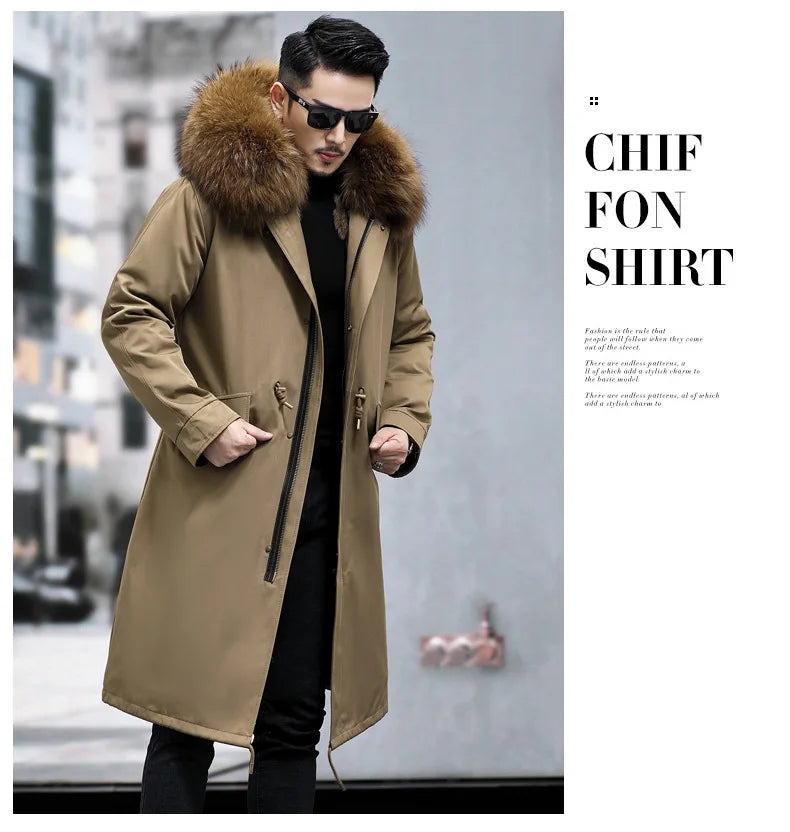 Hot Sales 2023 Men's Thickened Warm Parka Mid Length Detachable Fox Fur Lining Raccoon Winter Fur Coat